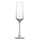 A clear, empty Fortessa Pure Collection champagne flute made from Tritan Crystal with a tall, slender bowl and a long stem, set against a plain white background.