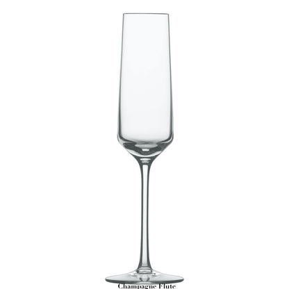 A clear, empty Fortessa Pure Collection champagne flute made from Tritan Crystal with a tall, slender bowl and a long stem, set against a plain white background.