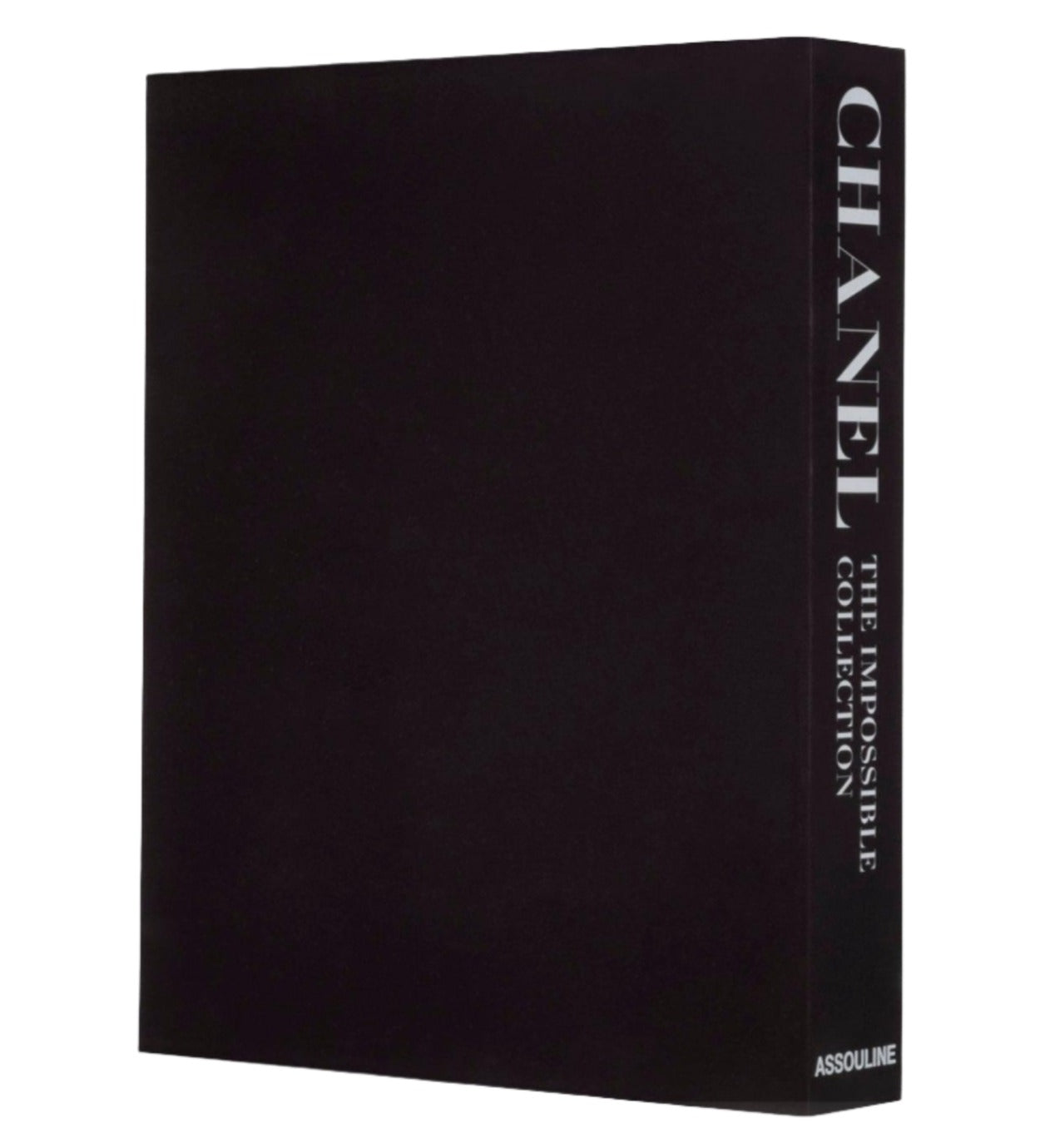 Black book with the title "The Impossible Collection: Chanel" on the spine, published by Assouline, showcasing Chanel's iconic looks and luxury fashion sensibilities.