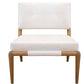 A Chatfield Armless Chair with a white cushioned seat and backrest, supported by a wooden frame, exudes classic simplicity while adding modern flair.