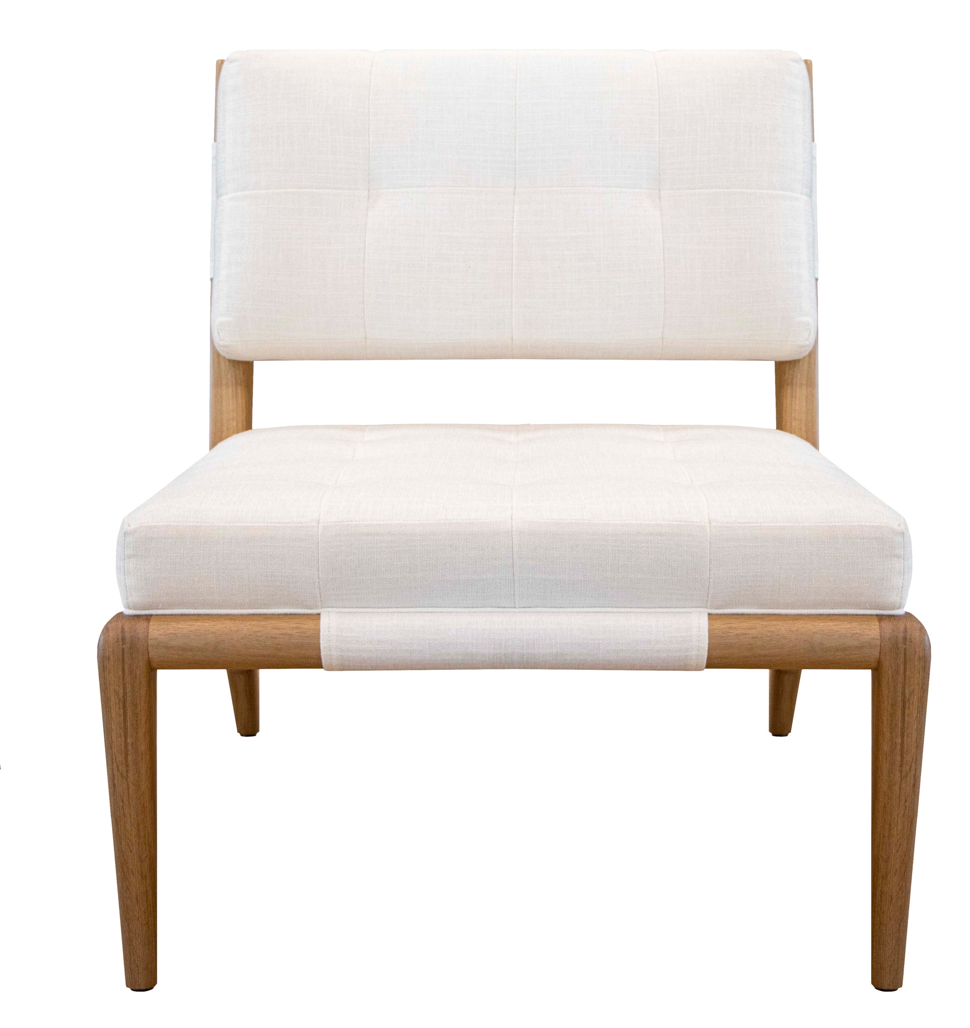 A Chatfield Armless Chair with a white cushioned seat and backrest, supported by a wooden frame, exudes classic simplicity while adding modern flair.