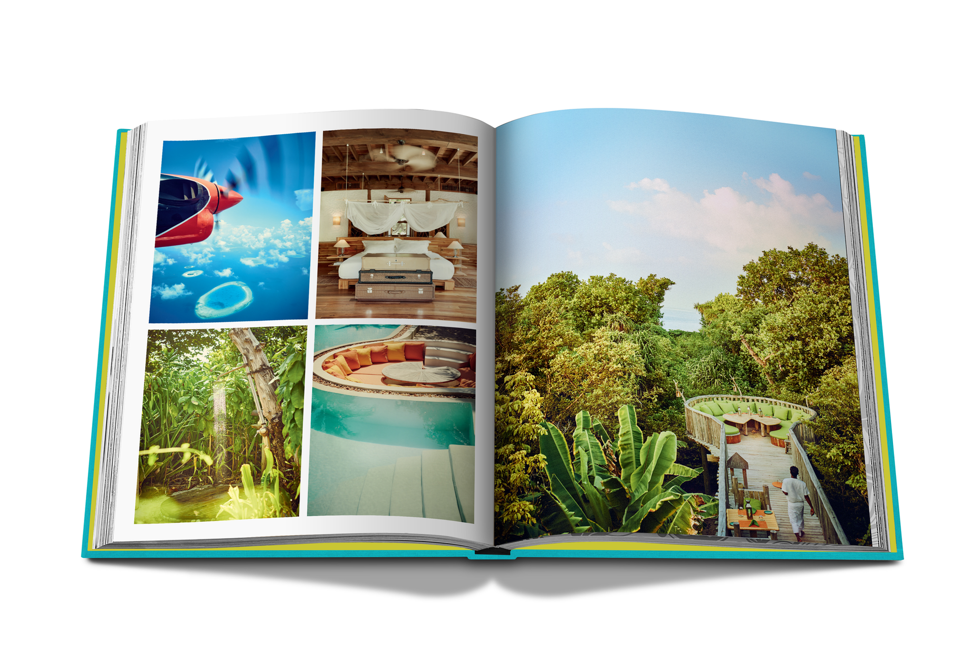 An open book displays photos of a scenic outdoor path surrounded by trees on the right page and a collage of luxurious family retreat images on the left, weaving personal tales of tranquility and adventure in Chic Stays.