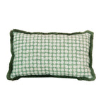 Boheme Outdoor Lumbar Pillow in a rectangular shape features a green fabric with a white circular pattern, dark green fringe trim around the edges, hidden zipper closure, and plush polyester fill, shown on a white background.
