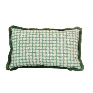 Boheme Outdoor Lumbar Pillow in a rectangular shape features a green fabric with a white circular pattern, dark green fringe trim around the edges, hidden zipper closure, and plush polyester fill, shown on a white background.