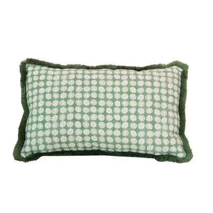 Boheme Outdoor Lumbar Pillow in a rectangular shape features a green fabric with a white circular pattern, dark green fringe trim around the edges, hidden zipper closure, and plush polyester fill, shown on a white background.