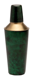 A Blue Pheasant Nelson Emerald Barware Collection cocktail shaker with a metallic finish and brass detailing, featuring a rounded lid, stands against a plain white background.