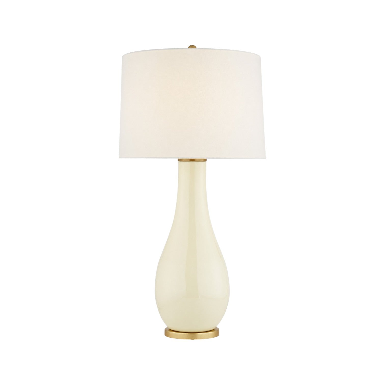 The Orson Balustrade Form Table Lamp features a cream ceramic rounded base, gold accents, and a white cylindrical shade, shown against a white background.