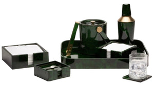 A green and black Blue Pheasant Nelson Emerald Barware Collection featuring an ice bucket, cocktail shaker, glasses, coasters with brass detailing, and a storage container, all arranged on a rectangular tray.