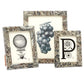The Corsica Frame Collection features three decorative frames with a marble pattern, showcasing black and white illustrations of a hot air balloon, grapes, and the letter "P" with floral accents.