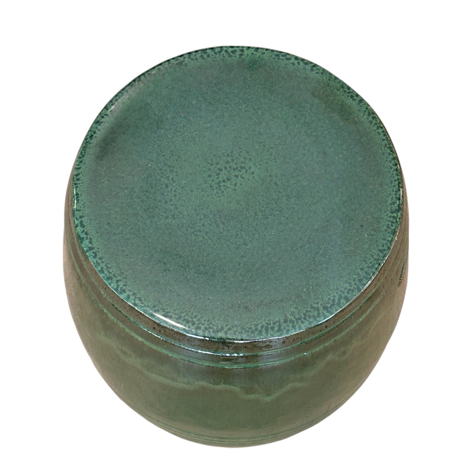 The Olive Green Cylinder Stool features a round, porcelain design with a smooth, glazed surface and matching top, seen from above.