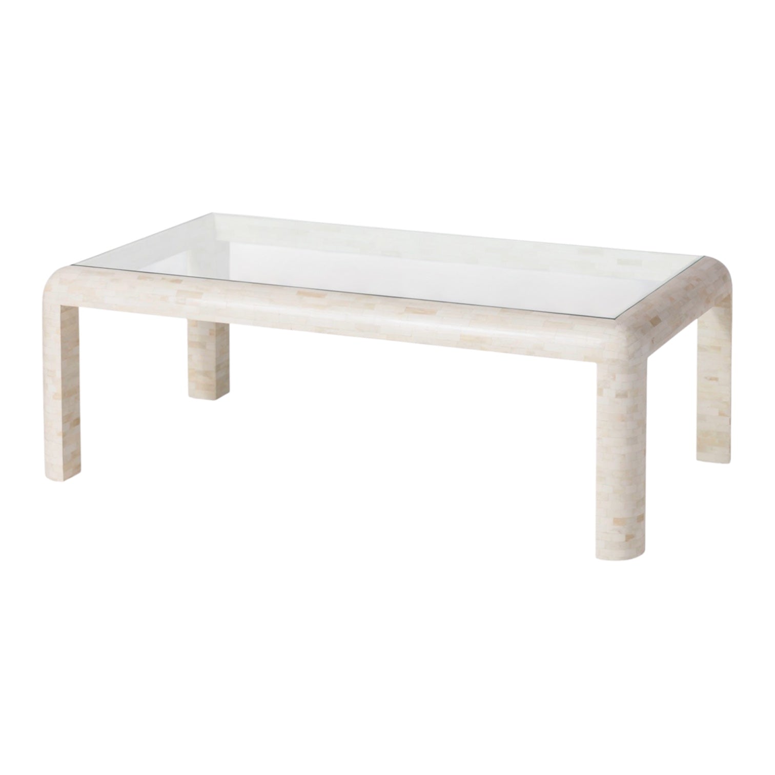 The Harley Natural Bone Coffee Table features a rectangular glass top with four rounded, light-colored bone legs and frame, creating a modern yet natural look.