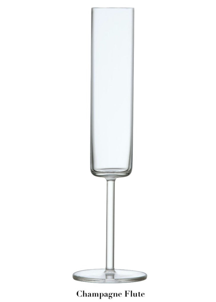 A clear Fortessa Modo Collection champagne flute with a long stem and narrow bowl, displayed against a white background. Crafted from TRITAN® Crystal Glass, the sleek design combines elegance and durability. The text below reads "Champagne Flute.