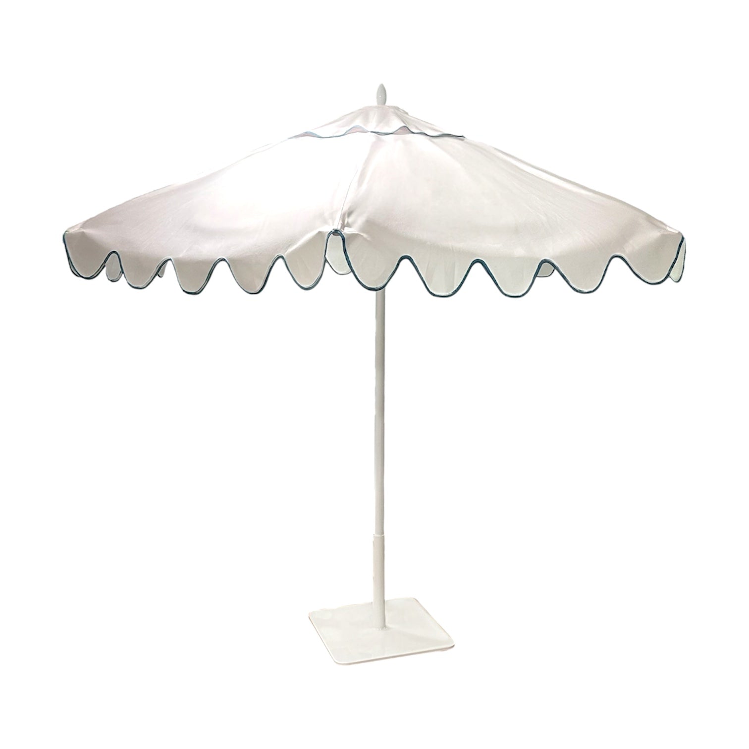 The Montecito Hex Umbrella is a white luxury outdoor umbrella featuring a scalloped edge, blue trim, and a sturdy square base—ideal for those seeking elegant shade.