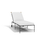 The Amalfi Chaise Lounge features a black metal frame and white cushion, inspired by Etruscan design. Perfect for poolside relaxation, this modern chair is shown on a white background.