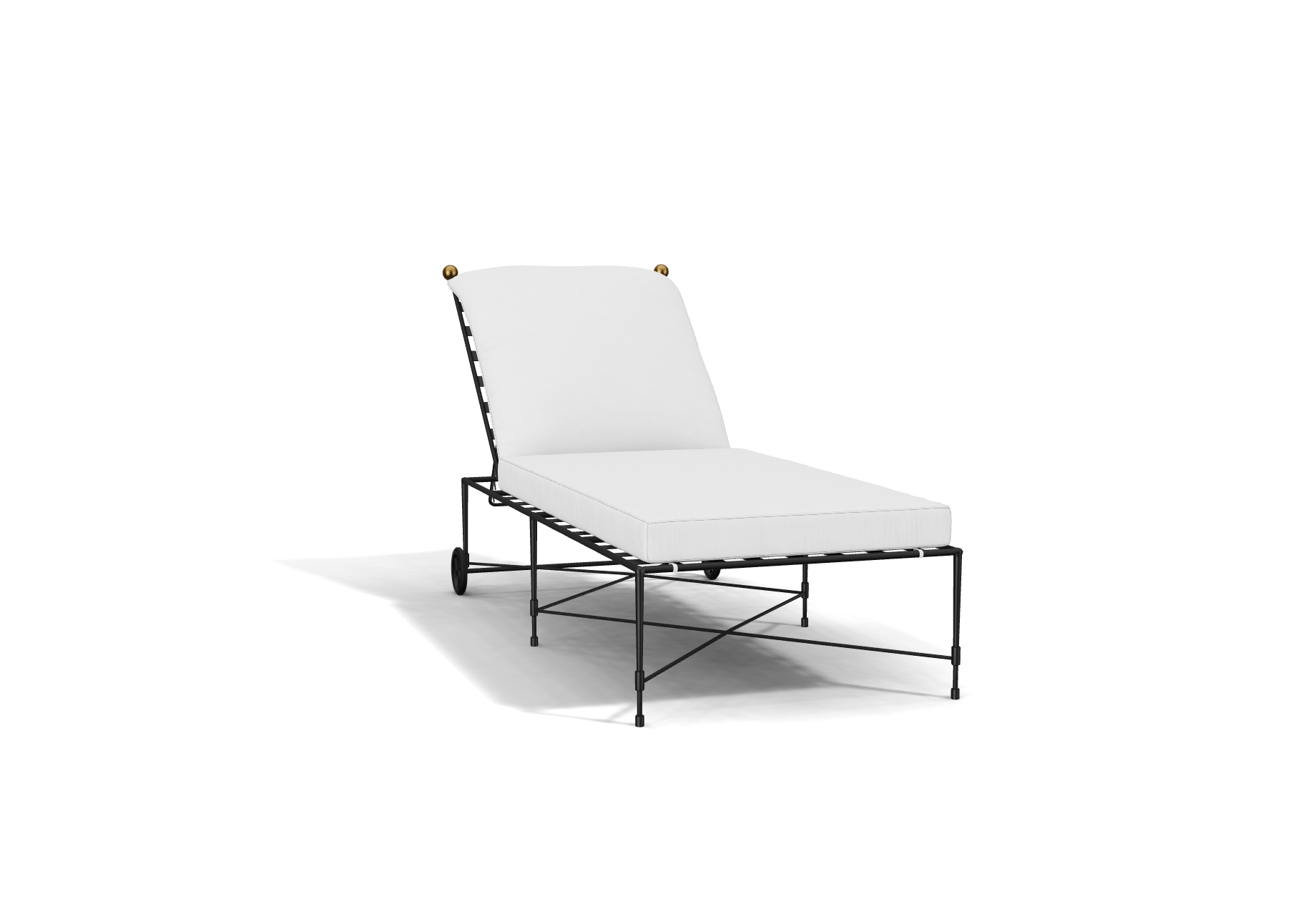 The Amalfi Chaise Lounge features a black metal frame and white cushion, inspired by Etruscan design. Perfect for poolside relaxation, this modern chair is shown on a white background.