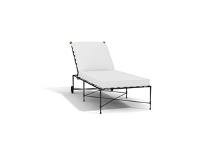 The Amalfi Chaise Lounge features a black metal frame and white cushion, inspired by Etruscan design. Perfect for poolside relaxation, this modern chair is shown on a white background.