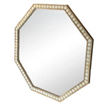 The Octagonal Wood Inlay Mirror features a wooden frame and border of circular decorative inlays, showcasing an elegant design.