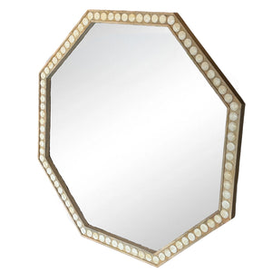 The Octagonal Wood Inlay Mirror features a wooden frame and border of circular decorative inlays, showcasing an elegant design.