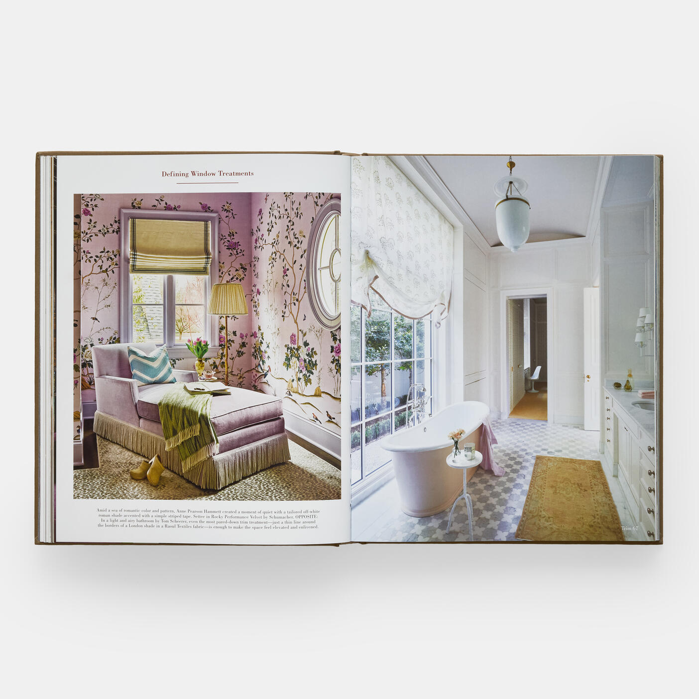 Open book displaying an interior design spread featuring a colorful, floral-themed living area on the left page and a light, airy bathroom with a freestanding tub on the right page, showcasing Decorate Like a Decorator: All You Need to Know to Design Like a Pro moves to transform a room effortlessly.