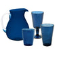 Part of the Memento Acrylic Deep Blue Collection, this eye-catching blue pitcher with a white handle is displayed alongside three unique blue drinking glasses. Designed for both style and durability, these acrylic pieces are ideal for outdoor dining against a fresh white backdrop.