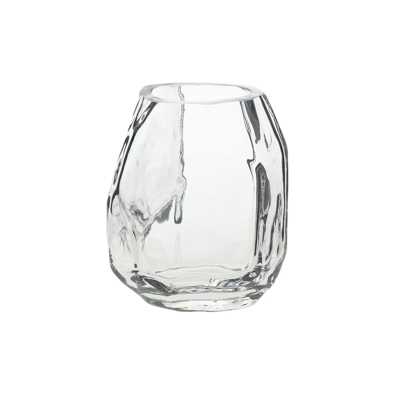 The Denali Vase features a clear, faceted geometric design with an irregular shape, highlighting minimalist style against a white background.