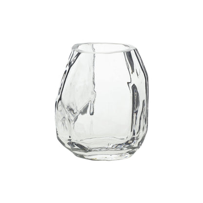 The Denali Vase features a clear, faceted geometric design with an irregular shape, highlighting minimalist style against a white background.