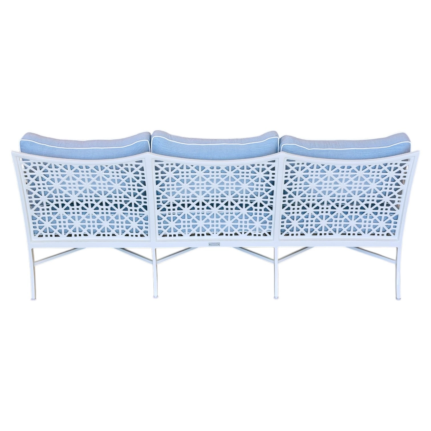The Haret Outdoor Sofa from our signature fretwork collection features a white metal frame with a geometric lattice backrest and three light blue cushions, shown here from the rear.