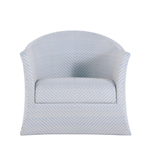 The Bari Swivel Lounge Chair in Chambray features a light blue and white pattern, curved back, and flared arms. Designed for outdoor relaxation, this lounge chair is shown from the front.