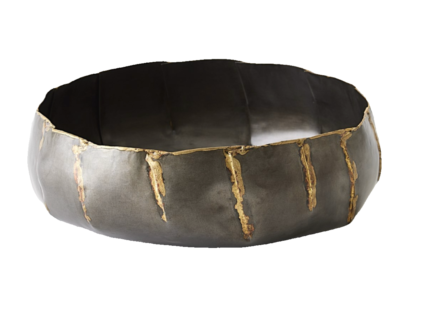 A large, round metallic bowl featuring vertical gold-colored seam lines on the exterior, resembling the Armor Bowl design.