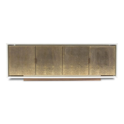 The Diego Four Door Cabinet is a modern rectangular sideboard, featuring a high gloss ivory vellum frame and four metallic gold cupboard doors, all elegantly set on a wooden base.