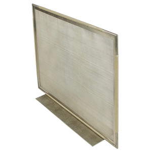 The Landon Fireplace Screen features a stainless steel mesh with an antique pewter finish, framed and upright on a flat metal base.