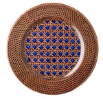 A plate from the Mario Luca Giusti Patagonia Blue Collection featuring an antique brown woven pattern border and a blue, geometric design center.