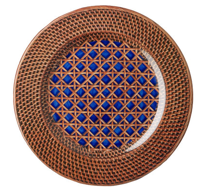 A plate from the Mario Luca Giusti Patagonia Blue Collection featuring an antique brown woven pattern border and a blue, geometric design center.