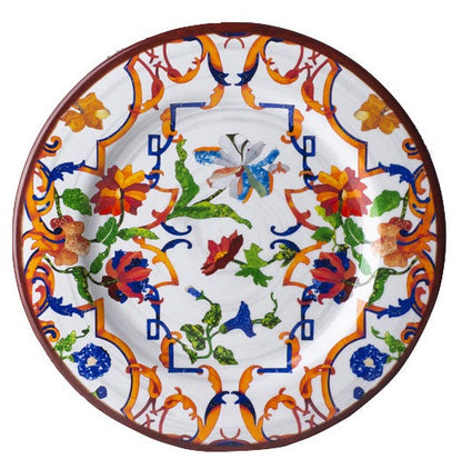 A vibrant ceramic plate from the Mario Luca Giusti Pancale White Collection, showcasing an intricate floral and abstract design with red, blue, orange, and green highlights on a white background—perfectly capturing the modern shapes celebrated in aesthetic research.