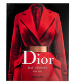 Cover of the book "Dior: Raf Simons" by Assouline, featuring a close-up image of a red tailored coat with a wide belt. Ideal for fashion enthusiasts and those who appreciate haute couture.