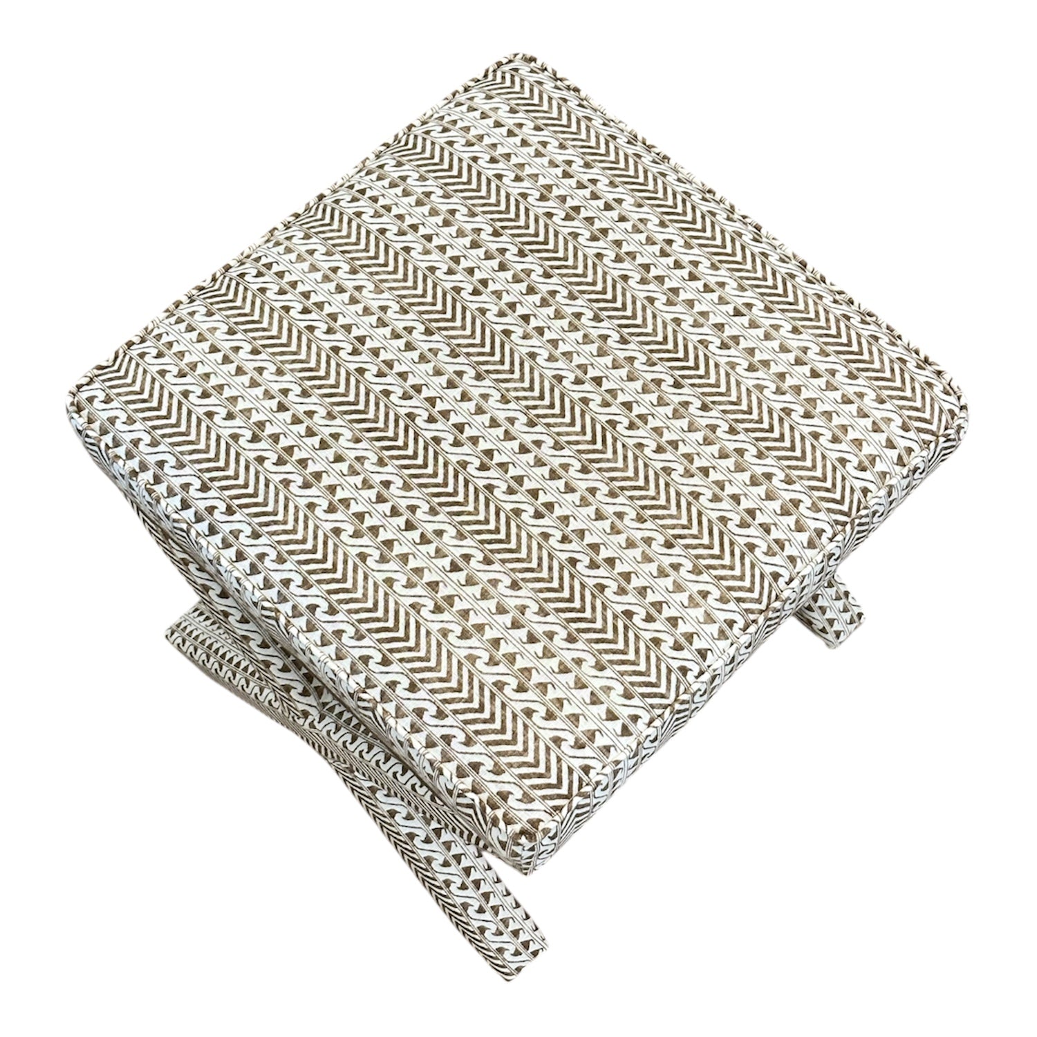 Beige and white herringbone square ottoman with a refined design, short legs, and a side handle. Ideal for pairing with the X Bench or mixing with custom fabric accents for a stylish touch.