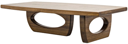 A Douglas Coffee Table with a dark walnut finish features a wooden top and two curved, oval-shaped legs.