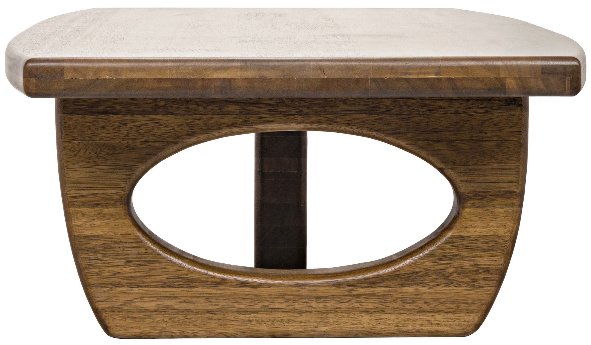 A Douglas Coffee Table with a thick top and an oval cut-out in the base, featuring a dark walnut finish and a driftwood-inspired design.