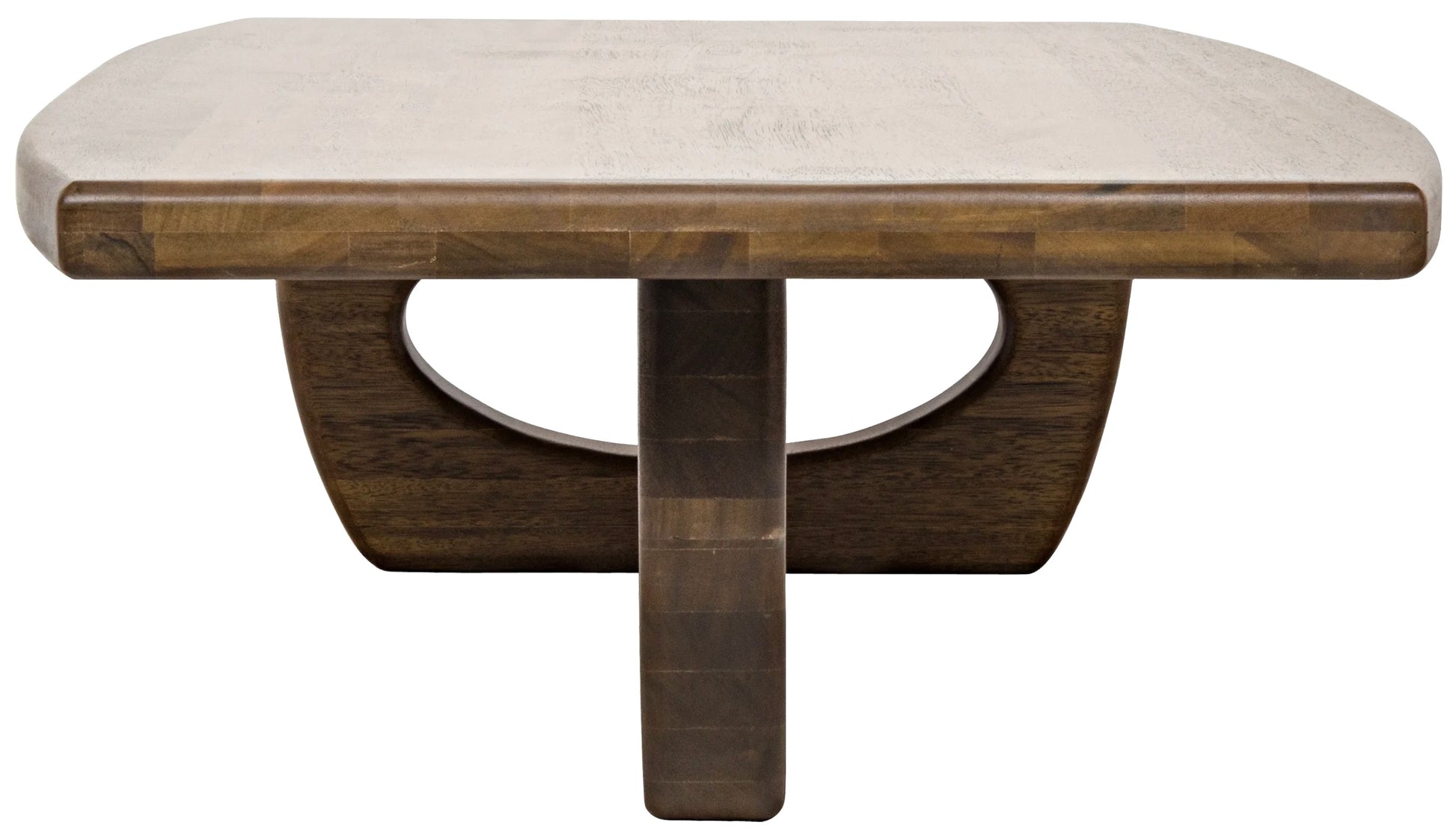 A rectangular Douglas Coffee Table with a driftwood inspired base and curved edges, featuring a distinctively shaped central support structure and a rich dark walnut finish.