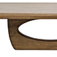 The Douglas Coffee Table features a rectangular top with a dark walnut finish, an unconventional leg on the left, and a unique oval-shaped support structure in the center, complemented by a driftwood inspired base.