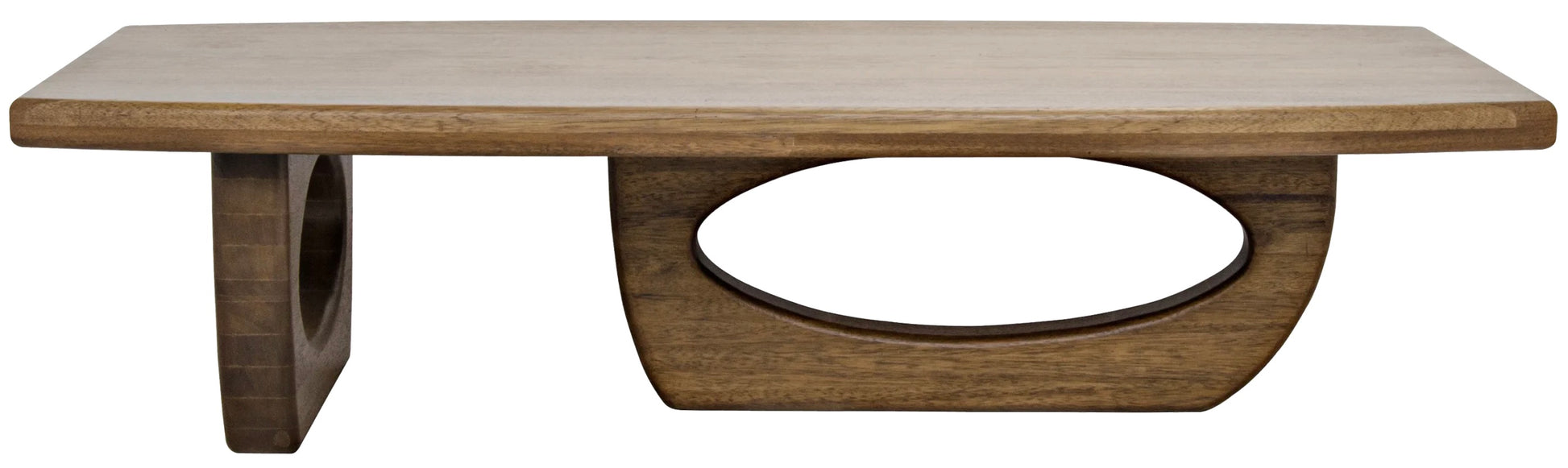 The Douglas Coffee Table features a rectangular top with a dark walnut finish, an unconventional leg on the left, and a unique oval-shaped support structure in the center, complemented by a driftwood inspired base.