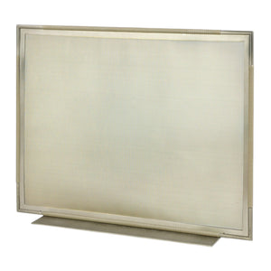A rectangular, silver Landon Fireplace Screen with a minimalist design and antique pewter finish, shown with no fire inside, set against a plain background.