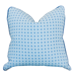 Cane Mineral Pillow: This custom-made 22" x 22" square pillow features a light blue and white geometric pattern with blue piping along the edges, set against a white background. Filled with 100% down, it offers luxurious comfort and style.