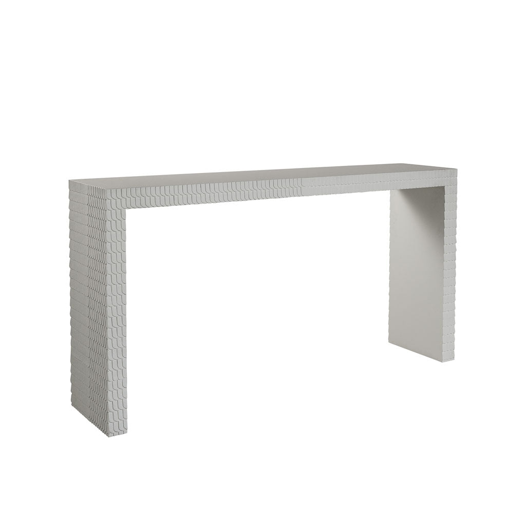 The Lance Console Table features a rectangular white design with a minimalist look and textured geometric patterns on the legs and sides, photographed against a plain white background.