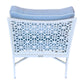 The Haret Outdoor Lounge Chair is a white metal chair with signature fretwork on the backrest and a plush light blue cushion, offering both style and comfort for your outdoor space.