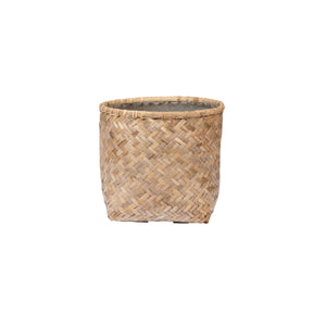 The Zayn Round Bamboo Planter, crafted from natural light-colored bamboo, brings organic charm to any indoor or outdoor space. Shown against a plain white background.