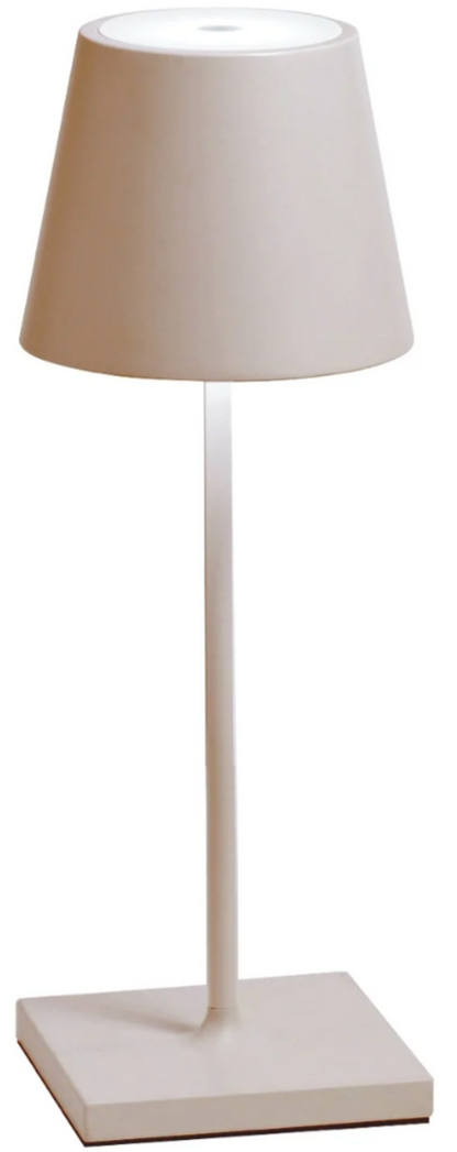 A Zafferano Poldina Pro Mini Table Lamp with a white shade and a white base.