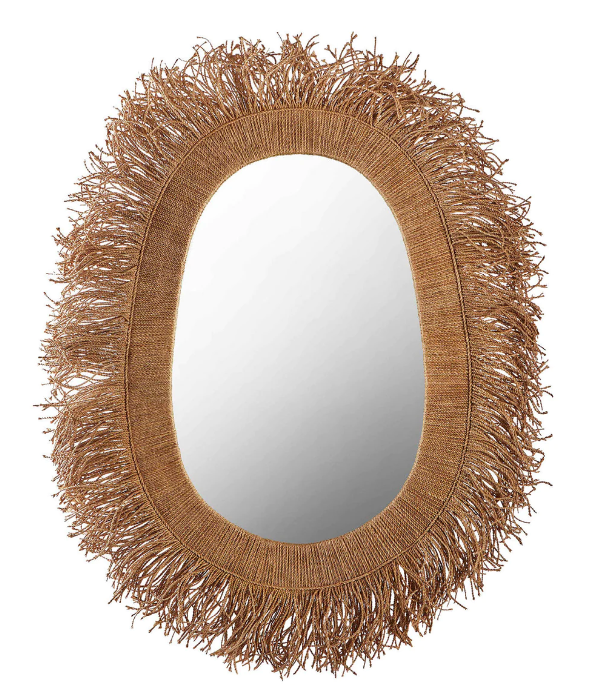 The Hoku Mirror in Naturale Lampakanay features a handcrafted oval design with a wide brown woven frame and fringe edge, creating an artisanal statement inspired by the Intrepid collection.