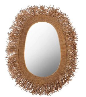 The Hoku Mirror in Naturale Lampakanay features a handcrafted oval design with a wide brown woven frame and fringe edge, creating an artisanal statement inspired by the Intrepid collection.