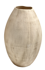 A tall, beige, oval-shaped ceramic Sisal Vase, Small with a grid-textured, patterned surface exuding the charm of handcrafted luxury decor.